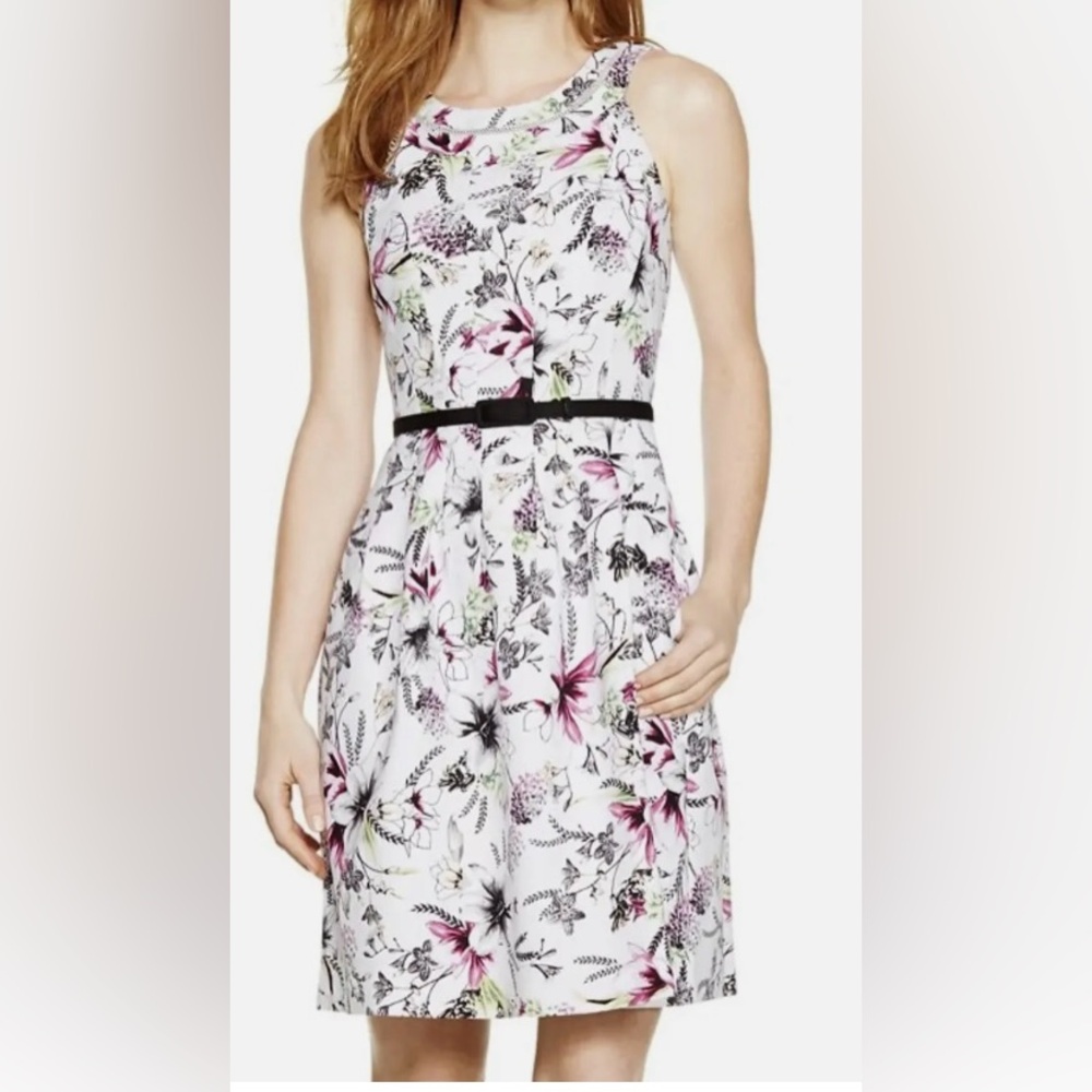 White House Black Market white floral seamed tulip flare dress